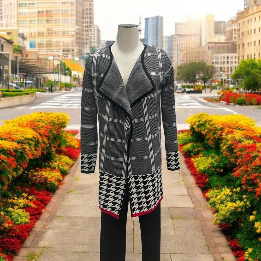 Venus B/W Plaid Houndstooth Open Front Cardigan Urban Chic Contemporary Layering